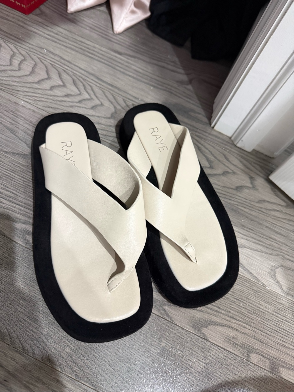 RAYE Cream Leather Platform Thong Sandals with Black Sole